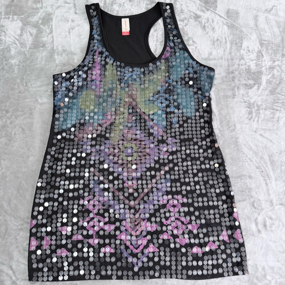 No Boundaries Black Floral Sequined Racerback Tank Top Womens Size Large